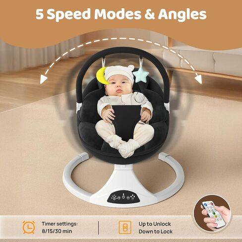 Electric Baby Swing with Remote Control - 5 Natural Motion Speeds, Detachable Seat Pad | Portable Infant Swing for Indoor/Outdoor Use (0-12M, 27lbs) (Gray) in Kuwait