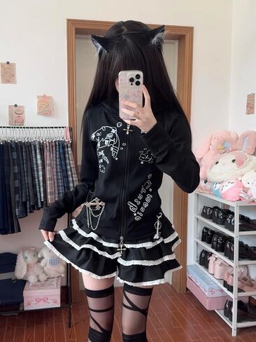 y2k لطيف القط الأذن kawaii الرسوم هوديس للنساء zip up الأكمام الطويلة هوديي رفيعة in Kuwait