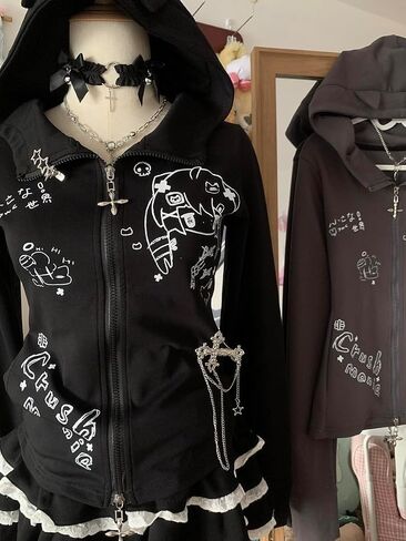 y2k لطيف القط الأذن kawaii الرسوم هوديس للنساء zip up الأكمام الطويلة هوديي رفيعة in Kuwait