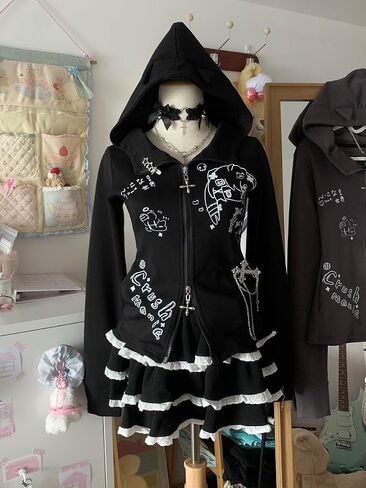y2k لطيف القط الأذن kawaii الرسوم هوديس للنساء zip up الأكمام الطويلة هوديي رفيعة in Kuwait