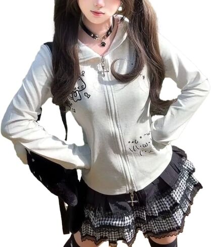 y2k لطيف القط الأذن kawaii الرسوم هوديس للنساء zip up الأكمام الطويلة هوديي رفيعة in Kuwait