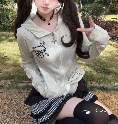 y2k لطيف القط الأذن kawaii الرسوم هوديس للنساء zip up الأكمام الطويلة هوديي رفيعة in Kuwait