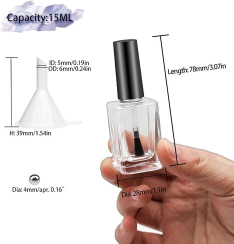 6pcs زجاجات تلميع الأظافر الفارغة مع قمع ، زجاجات بتلميع أظافر فارغة مستطيل مع الفرشاة وكرات الخلط الأسود (5 مل) in Kuwait