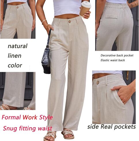 Fakanhui Women's Cotton Linen Wide Leg Pants High Elastic Waist Casual Business Work Trousers in Kuwait