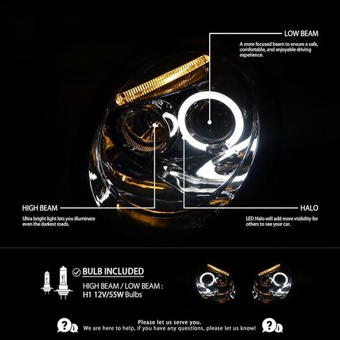 AutoZensation متوافق مع Beetle Volkswagen 1998-2005 مع المصباح الأمامي الهالوجين المصنع ، تجميع المصابيح الأمامية لزوج الأيسر + Halo Glossy Black Housing Smoke Lens المصابيح الأمامية المصابيح الأمامية in Kuwait