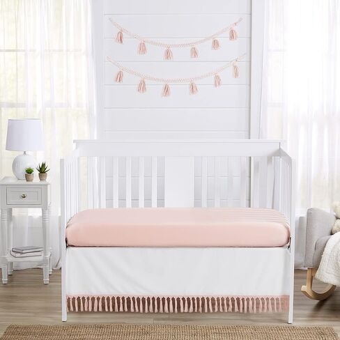 Sweet Jojo Designs Pink Boho Bohemian Girl Baby Crib Bed Skirt Nursery Dust Ruffle - Solid Color Blush Pink and White Farmhouse Chic Minimalist Tassel Fringe Macrame Textured in Saudi Arabia