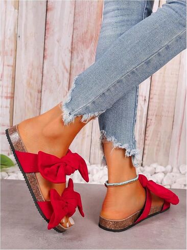 GORGLITTER Women's Bow Cork Sandals Double Band Suede Beach Sandals Open Toe Slip On Slide Sandals 2025 in Saudi Arabia