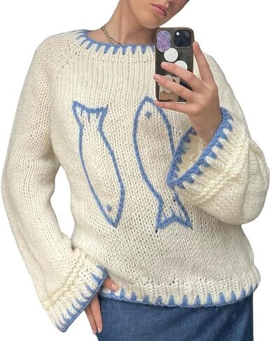 Women Y2K Graphic Sweater Top Long Sleeve Knit Print Pullover Oversized Loose Aesthetic Fall Sweatshirt in Saudi Arabia