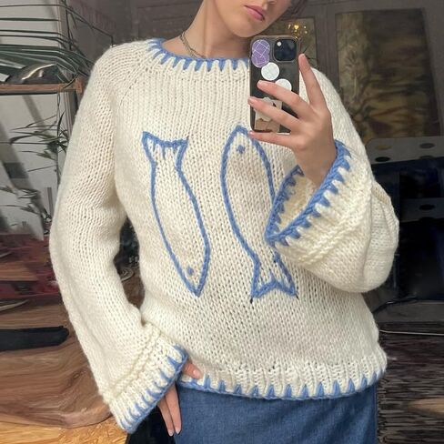 Women Y2K Graphic Sweater Top Long Sleeve Knit Print Pullover Oversized Loose Aesthetic Fall Sweatshirt in Saudi Arabia