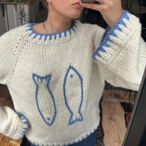 Women Y2K Graphic Sweater Top Long Sleeve Knit Print Pullover Oversized Loose Aesthetic Fall Sweatshirt in Saudi Arabia