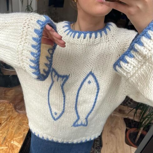 Women Y2K Graphic Sweater Top Long Sleeve Knit Print Pullover Oversized Loose Aesthetic Fall Sweatshirt in Saudi Arabia