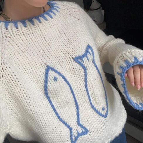 Women Y2K Graphic Sweater Top Long Sleeve Knit Print Pullover Oversized Loose Aesthetic Fall Sweatshirt in Saudi Arabia