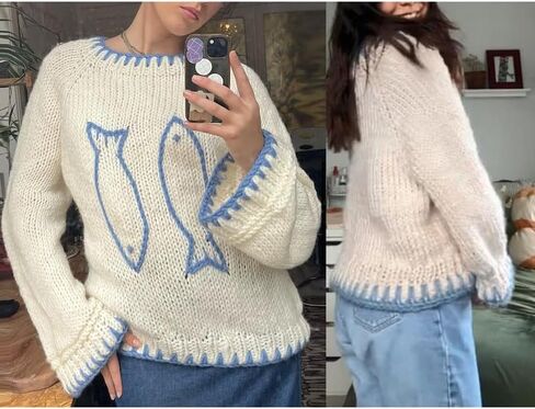 Women Y2K Graphic Sweater Top Long Sleeve Knit Print Pullover Oversized Loose Aesthetic Fall Sweatshirt in Saudi Arabia