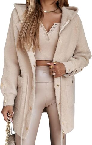 utcoco Womens Cashmere Hooded Sweater Coats Fuzzy Zip Up Long Sleeve Hoodies Cardigan Outwear with Drawstring in Saudi Arabia