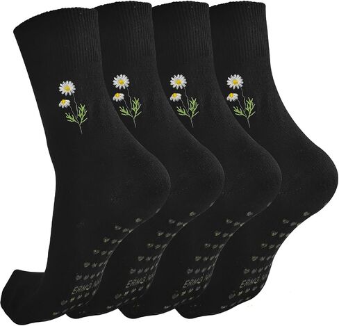 Cute Embroidered Yoga Socks for Women – Non-Slip Grip Socks with Floral Design, One Size Fits Most, in Saudi Arabia