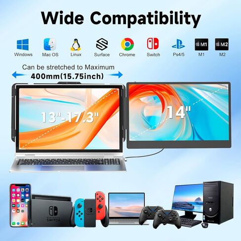 Laptop Screen Extender, 14" FHD 1080P IPS Laptop Monitor Extender Dual Screen, Portable Monitor for Laptops 13-17" with USB-C/HDMI Port, Plug n Play for Windows/Mac/Android/Switch/PS5 in Saudi Arabia