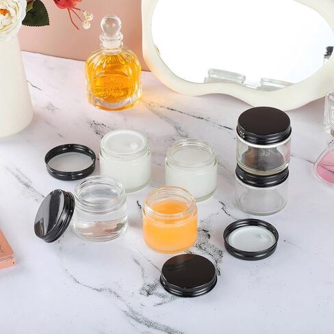 24 حزمة 2oz عبوات زجاجية صافية حاويات زجاجية صغيرة مع أغطية معدنية سوداء الجرار التجميلية فارغة مع بطانات داخلية وأغطية الجرار الزجاجية الصافية مع الملصقات للسفر in Kuwait