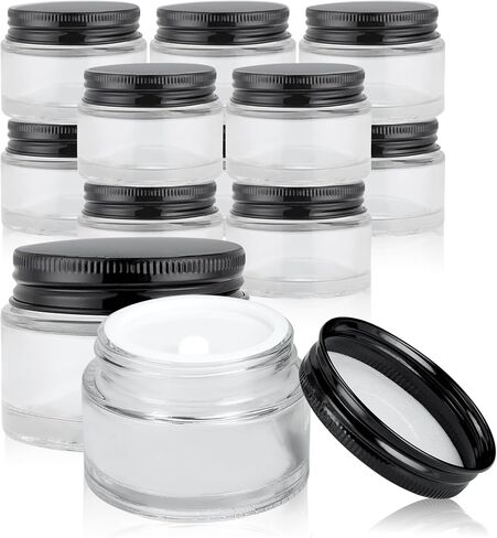 24 حزمة 2oz عبوات زجاجية صافية حاويات زجاجية صغيرة مع أغطية معدنية سوداء الجرار التجميلية فارغة مع بطانات داخلية وأغطية الجرار الزجاجية الصافية مع الملصقات للسفر in Kuwait