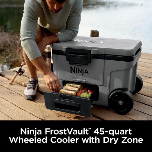Ninja FrostVault 45qt Wheeled Cooler with Dry Zone, Integrated Fridge-Temp Dry Storage Drawer, Premium Heavy-Duty Insulated Cooler, Keeps Ice for Days, Lakeshore Blue, FB245BL in Kuwait