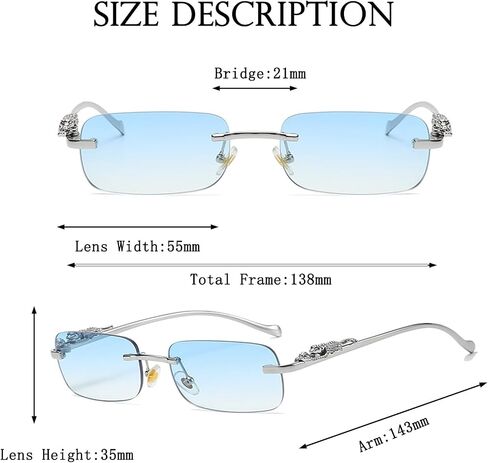 Vintage Small Rimless Rectangle Sunglasses Metal Gold Silver Leopard Eyewear for Women Men in Kuwait