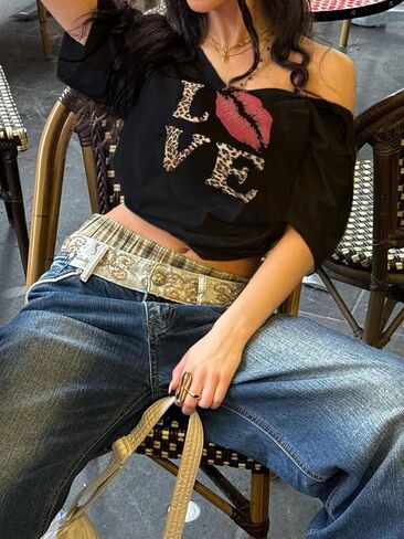 Tees Y2K القميص للنساء emo خمر المحملات الرسومية الضخمة للنساء اللطيف الصيف أعلى الجمالية في 2000s in Kuwait