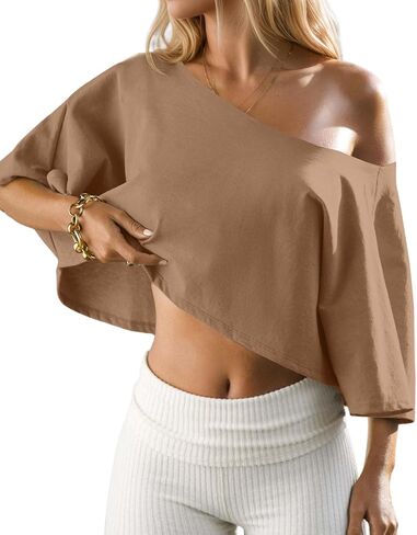 Off The Shoulder Tops Oversized Short Sleeve Crop Tee Shirt Casual Loose Workout T-Shirt 2025 Summer Fashion Clothes in Saudi Arabia