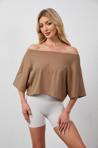 Off The Shoulder Tops Oversized Short Sleeve Crop Tee Shirt Casual Loose Workout T-Shirt 2025 Summer Fashion Clothes in Saudi Arabia