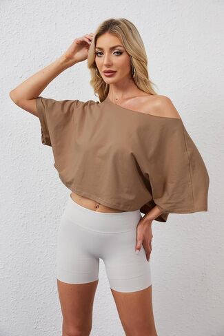 Off The Shoulder Tops Oversized Short Sleeve Crop Tee Shirt Casual Loose Workout T-Shirt 2025 Summer Fashion Clothes in Saudi Arabia