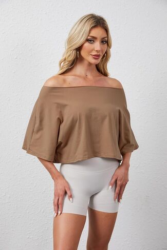 Off The Shoulder Tops Oversized Short Sleeve Crop Tee Shirt Casual Loose Workout T-Shirt 2025 Summer Fashion Clothes in Saudi Arabia