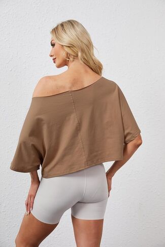 Off The Shoulder Tops Oversized Short Sleeve Crop Tee Shirt Casual Loose Workout T-Shirt 2025 Summer Fashion Clothes in Saudi Arabia