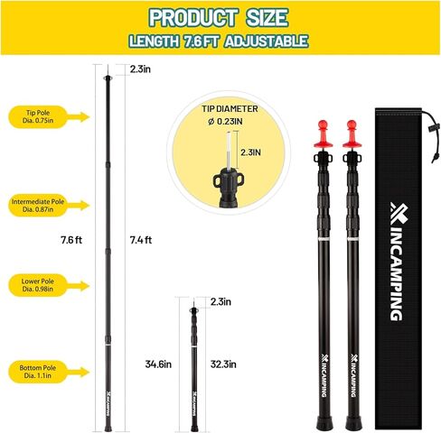 Adjustable Heavy Duty Tarp Poles 7.6FT,XINCAMPING Aluminum Tent Poles with Protection Cap - 4 Pack Rust-Proof Awning Poles for Camping, Hiking, Canopy & Outdoor Shelter in Kuwait