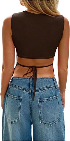 Wdirara Women's Tie Backless Tank Top Olcyfeless Crew Neck Summer Out Out Tops in Saudi Arabia