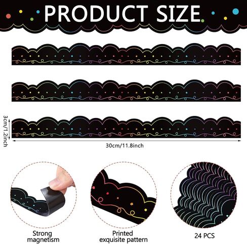 24 Pcs Magnetic Borders for Classroom Whiteboard Black White Waved Magnetic Strips Bulletin Board Borders Classroom Chalkboard Trim Decorations for Classroom School Teacher Decorations in Kuwait