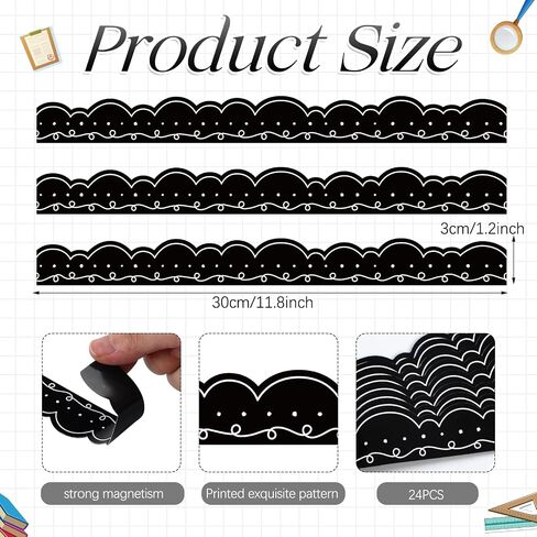 24 Pcs Magnetic Borders for Classroom Whiteboard Black White Waved Magnetic Strips Bulletin Board Borders Classroom Chalkboard Trim Decorations for Classroom School Teacher Decorations in Kuwait