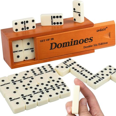 Smilejoy Dominos مجموعة للبالغين- حجم Jumbo Dominoes Double Six Edition- ألعاب الطاولة الكلاسيكية- حجم سميك مزدوج 6 دومينو مع صندوق خشب بني فاخر ، 28 بلاط (2-4 لاعب) in Kuwait