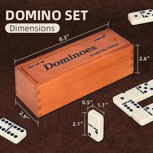 Smilejoy Dominos مجموعة للبالغين- حجم Jumbo Dominoes Double Six Edition- ألعاب الطاولة الكلاسيكية- حجم سميك مزدوج 6 دومينو مع صندوق خشب بني فاخر ، 28 بلاط (2-4 لاعب) in Kuwait
