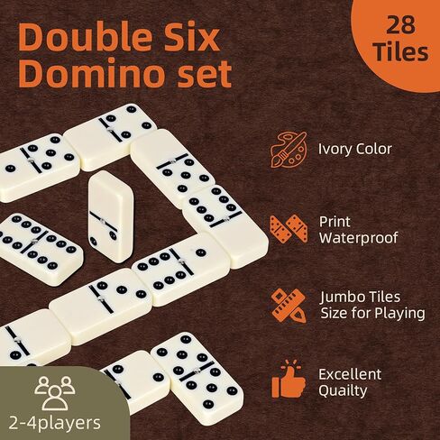 Smilejoy Dominos مجموعة للبالغين- حجم Jumbo Dominoes Double Six Edition- ألعاب الطاولة الكلاسيكية- حجم سميك مزدوج 6 دومينو مع صندوق خشب بني فاخر ، 28 بلاط (2-4 لاعب) in Kuwait