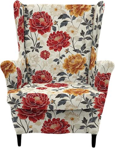 HAOYONG 2 Piece Wingback Chair Covers Stretch Wing Chair Slipcover Printed Wing Back Chair Covers with Arms Washable Spandex Fabric Armchair Cover Protection Furniture for Living Room and Bedroom in Kuwait