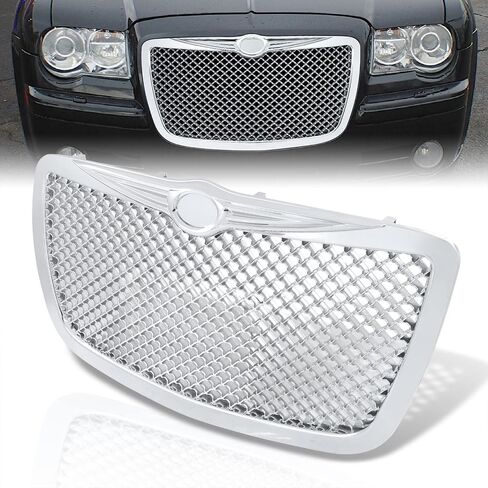 موزعي AJP الأمامي العلوي المقنع الصلب Chrome Diamond Mesh Grille Grille Grille Honeycomb Grill Cover Guard ABS ABS متوافق/بديل لـ 300 300C SRT8 2005 2006 2007 2008 2009 2010 06 07 08 09 10 in Saudi Arabia