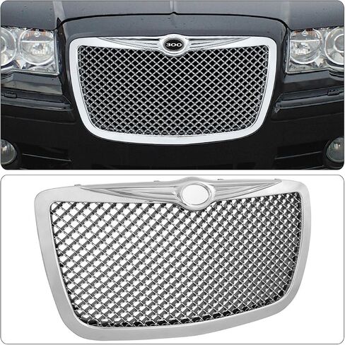 موزعي AJP الأمامي العلوي المقنع الصلب Chrome Diamond Mesh Grille Grille Grille Honeycomb Grill Cover Guard ABS ABS متوافق/بديل لـ 300 300C SRT8 2005 2006 2007 2008 2009 2010 06 07 08 09 10 in Saudi Arabia