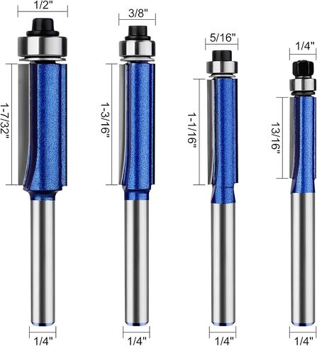 Pattern Flush Trim Router Bits 1/4 Shank, Bottom Bearing Pattern Router bit Set, Cutting Diameter: 1/2", Cutting Height Respectively 1/2", 3/4", 1", 1-1/2" for Home DIY and Woodworking in Saudi Arabia