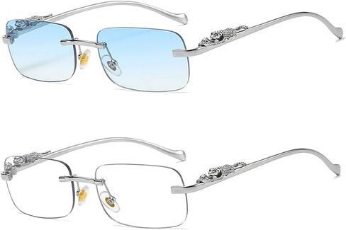 Vintage Small Rimless Rectangle Sunglasses Metal Gold Silver Leopard Eyewear for Women Men in Kuwait