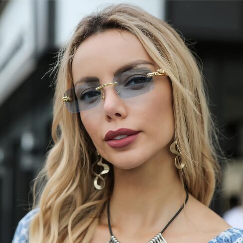 Vintage Small Rimless Rectangle Sunglasses Metal Gold Silver Leopard Eyewear for Women Men in Kuwait
