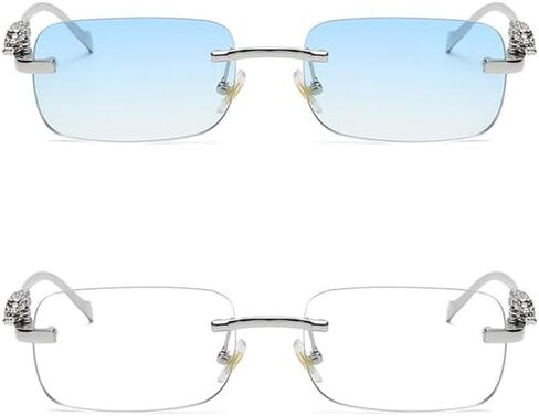 Vintage Small Rimless Rectangle Sunglasses Metal Gold Silver Leopard Eyewear for Women Men in Kuwait
