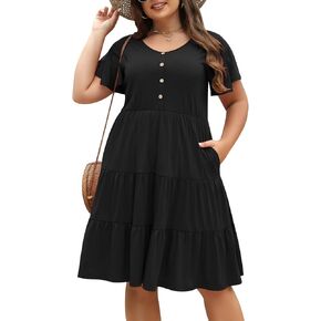 Nemidor Womens Loose Plus Size Short Sleeve Button Tiered Swing Dress with Pocket NEM406 in Kuwait
