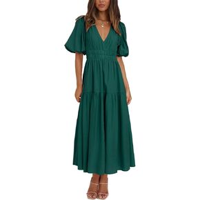 Women's Deep V-Neck Puff Short Sleeve Tiered Maxi Dress Flowy A Line Midi Dresses in Saudi Arabia