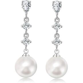 10mm White Pearl Drop Earrings for Women Bridal Wedding Jewelry - 14K Silver Plated Cubic Zirconia Studs, Hypoallergenic Bridesmaid Gifts in Saudi Arabia