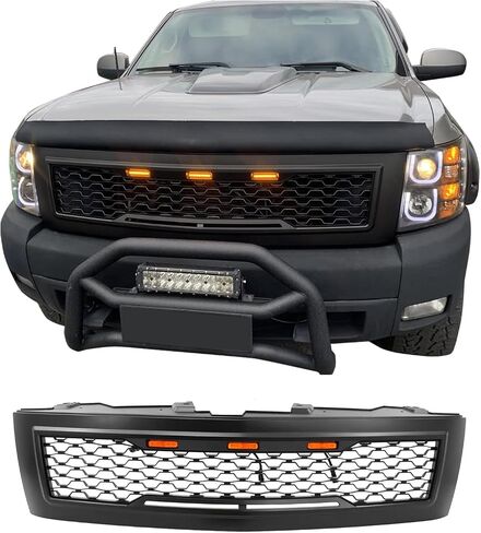 IKON MOTORSPORTS, Grille Compatible With 2007-2013 Chevrolet Silverado 1500, Front Bumper Hood Mesh Grill with Amber Signal Light Matte Black, 2008 2009 2010 2011 2012 in Saudi Arabia