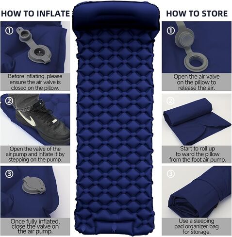 Inflatable Sleeping Pad with Pillow for Camping-Built in Foot Pump Fast Inflation-Ultralight Upgraded Durable Compact Sleeping Mat Moisture Proof Air Mattress for Backpacking,Hiking,Travel,Tent in Kuwait
