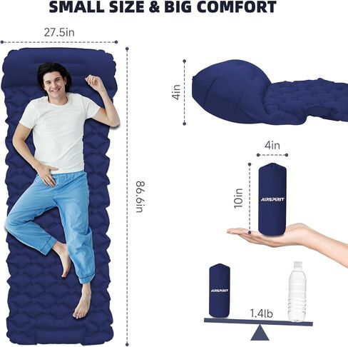 Inflatable Sleeping Pad with Pillow for Camping-Built in Foot Pump Fast Inflation-Ultralight Upgraded Durable Compact Sleeping Mat Moisture Proof Air Mattress for Backpacking,Hiking,Travel,Tent in Kuwait